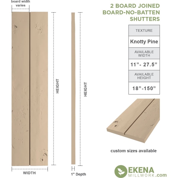 Rustic Two Board Joined Board-n-Batten Knotty Pine Faux Wood Shutters W/No Batten, 11W X 62H